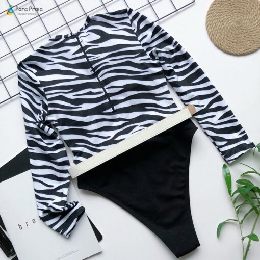 Para Praia New One Piece Swimsuit Women Zebra Swimwear Women Zipper Monokini High Cut Swimsuit Long Sleeve Bathing Suit Bodysuit