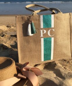 Custom striped monogrammed beach tote bag, personalize name monogram Initials burlap tote mom basket bags pouches shopping jutes
