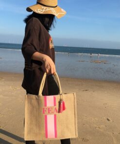 Custom striped monogrammed beach tote bag, personalize name monogram Initials burlap tote mom basket bags pouches shopping jutes