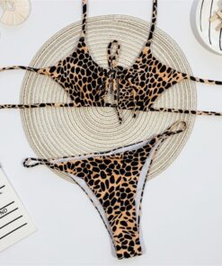 Bandage Swimsuit Women Two Piece Thong Bikini Mujer 2020 Sexy Hollow Out Print Bathing Suit Women Summer Halter Swimwear Biquini