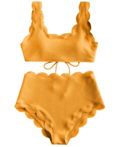 Women Scalloped Textured High Waist Bikini Set Solid Two Pieces Push Up Beach Bathing Suits Swimwear Lace Biquinis Bathing Suits
