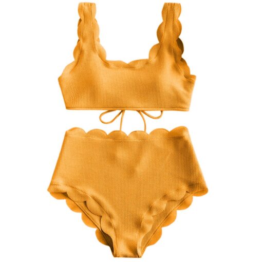Women Scalloped Textured High Waist Bikini Set Solid Two Pieces Push Up Beach Bathing Suits Swimwear Lace Biquinis Bathing Suits
