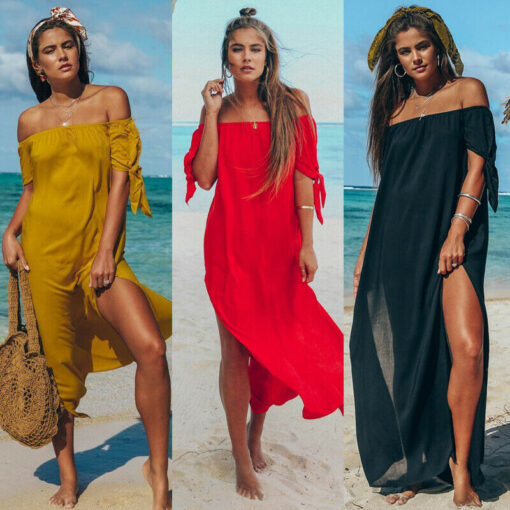 Summer New Arrival Women Dress Cover-Ups Sexy Ruffle Off Shoulder Beachwear See-through Chiffon Maxi Dresses Beach Sundress