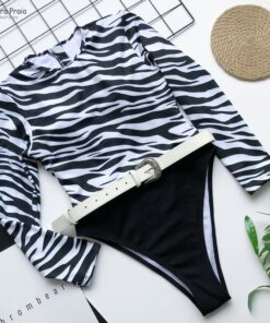 Para Praia New One Piece Swimsuit Women Zebra Swimwear Women Zipper Monokini High Cut Swimsuit Long Sleeve Bathing Suit Bodysuit