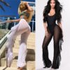 Women Fashion Ruffles Beach Trousers Ladies Summer Transparent Bikini Cover Up Elegant High Waist Playa Beach Cover Up Beachwear