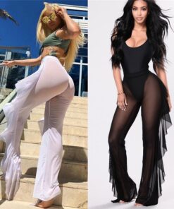 Women Fashion Ruffles Beach Trousers Ladies Summer Transparent Bikini Cover Up Elegant High Waist Playa Beach Cover Up Beachwear