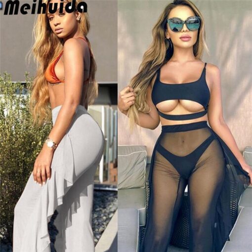Women Fashion Ruffles Beach Trousers Ladies Summer Transparent Bikini Cover Up Elegant High Waist Playa Beach Cover Up Beachwear