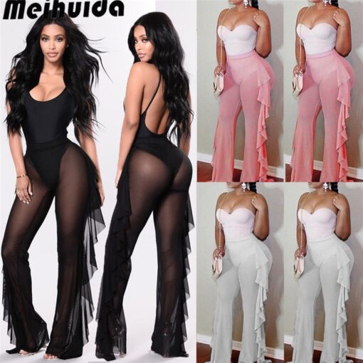 Women Fashion Ruffles Beach Trousers Ladies Summer Transparent Bikini Cover Up Elegant High Waist Playa Beach Cover Up Beachwear