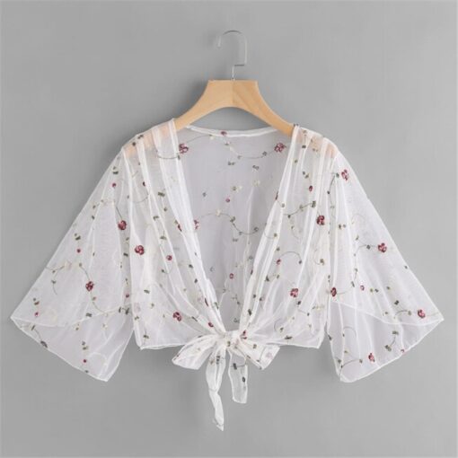 Women One Size Flower Print Patchwork Mesh White See Through Ladies Outwear Long Sleeve Beachwear Cover Ups