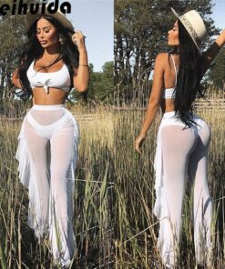 Women Fashion Ruffles Beach Trousers Ladies Summer Transparent Bikini Cover Up Elegant High Waist Playa Beach Cover Up Beachwear
