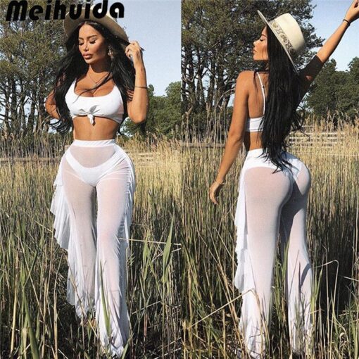 Women Fashion Ruffles Beach Trousers Ladies Summer Transparent Bikini Cover Up Elegant High Waist Playa Beach Cover Up Beachwear