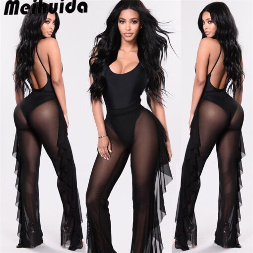 Women Fashion Ruffles Beach Trousers Ladies Summer Transparent Bikini Cover Up Elegant High Waist Playa Beach Cover Up Beachwear