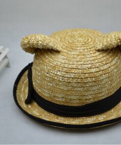 50 pieces Fedex cute women animal sunhat fitted solid w/black bow ribbon cat ear shape straw hat for lady summer beach accessory