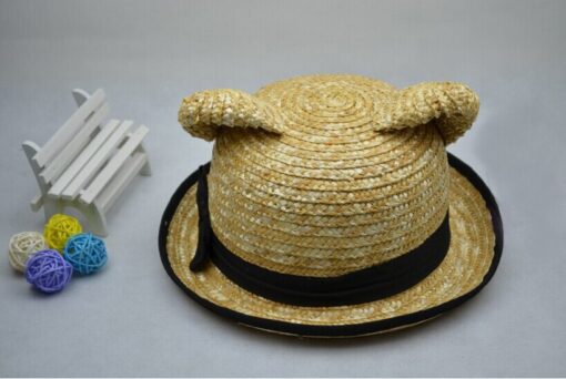 50 pieces Fedex cute women animal sunhat fitted solid w/black bow ribbon cat ear shape straw hat for lady summer beach accessory