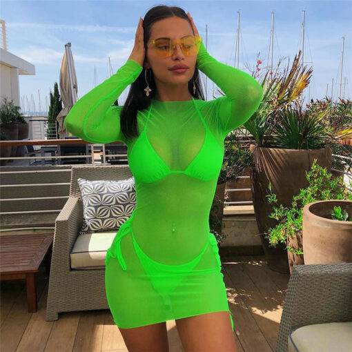 2019 Women Beach Cover Up Sheer Mesh Dress See-through Beachwear Sarong Pareo Long Sleeve Swimsuit Swimwear Bikini Cover Up