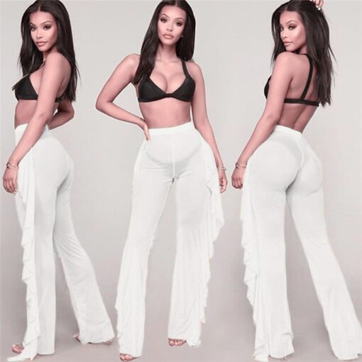 Women Fashion Ruffles Beach Trousers Ladies Summer Transparent Bikini Cover Up Elegant High Waist Playa Beach Cover Up Beachwear