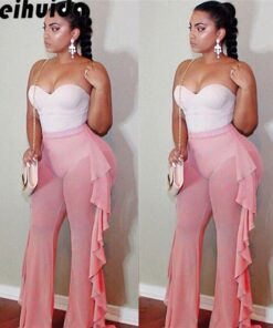 Women Fashion Ruffles Beach Trousers Ladies Summer Transparent Bikini Cover Up Elegant High Waist Playa Beach Cover Up Beachwear