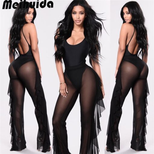 Women Fashion Ruffles Beach Trousers Ladies Summer Transparent Bikini Cover Up Elegant High Waist Playa Beach Cover Up Beachwear