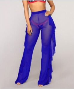 Women Fashion Ruffles Beach Trousers Ladies Summer Transparent Bikini Cover Up Elegant High Waist Playa Beach Cover Up Beachwear