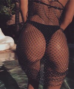 Women Sexy Beachwear Bling Crystal Bikini Cover Ups Dress Fishnet Hollow Out Crochet Mesh Bathing Suit Swimsuit Swimwear Dresses