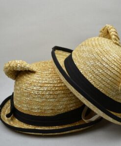 50 pieces Fedex cute women animal sunhat fitted solid w/black bow ribbon cat ear shape straw hat for lady summer beach accessory