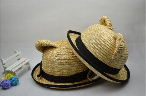 50 pieces Fedex cute women animal sunhat fitted solid w/black bow ribbon cat ear shape straw hat for lady summer beach accessory