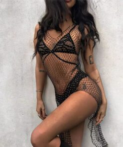 Women Sexy Beachwear Bling Crystal Bikini Cover Ups Dress Fishnet Hollow Out Crochet Mesh Bathing Suit Swimsuit Swimwear Dresses