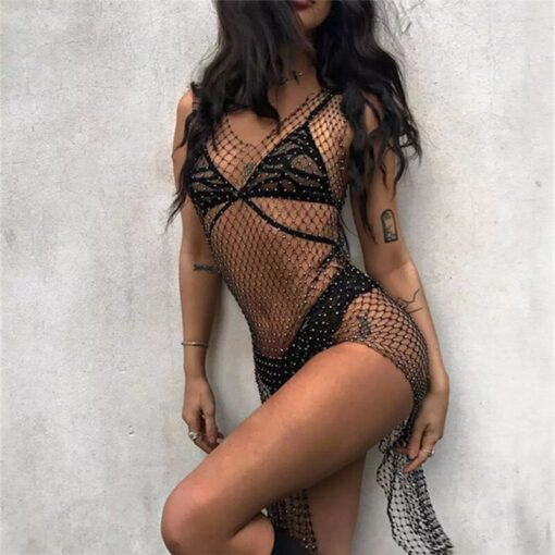 Women Sexy Beachwear Bling Crystal Bikini Cover Ups Dress Fishnet Hollow Out Crochet Mesh Bathing Suit Swimsuit Swimwear Dresses