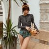 2019 Sexy Backless Print One piece Women Swimsuit Surfing Plus size Thong Swimwear Push up Padded Long Sleeves Swimsuit