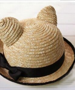 50 pieces Fedex cute women animal sunhat fitted solid w/black bow ribbon cat ear shape straw hat for lady summer beach accessory