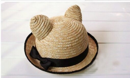 50 pieces Fedex cute women animal sunhat fitted solid w/black bow ribbon cat ear shape straw hat for lady summer beach accessory