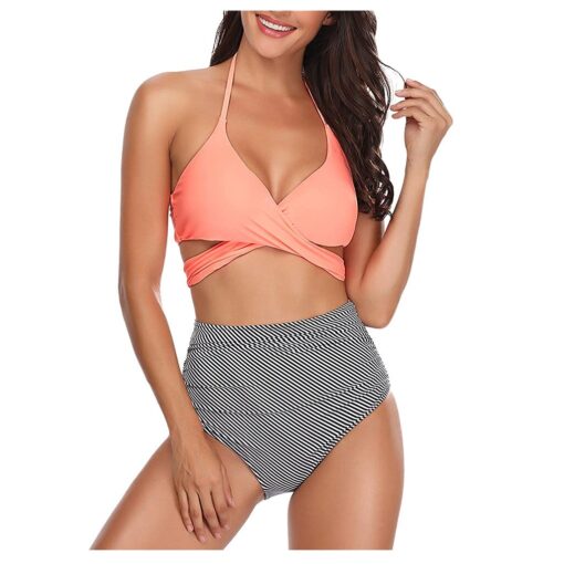 Bikini Women Black Bandage Swimsuit Halter Bandage Wrap Bikini Set Push-Up Ruched High Waist Swimwear Pure color Bikini#G40