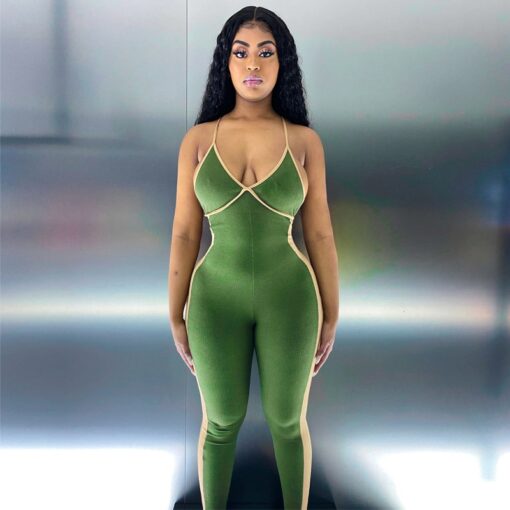 BOOFEENAA V Neck Backless Ribbed Bodycon Rompers Sports Fitness Jumpsuits for Women 2020 Sexy One Piece Outfits C16-CZ31