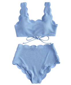 Women Scalloped Textured High Waist Bikini Set Solid Two Pieces Push Up Beach Bathing Suits Swimwear Lace Biquinis Bathing Suits