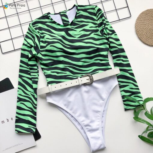 Para Praia New One Piece Swimsuit Women Zebra Swimwear Women Zipper Monokini High Cut Swimsuit Long Sleeve Bathing Suit Bodysuit