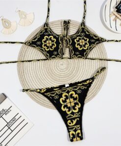Bandage Swimsuit Women Two Piece Thong Bikini Mujer 2020 Sexy Hollow Out Print Bathing Suit Women Summer Halter Swimwear Biquini