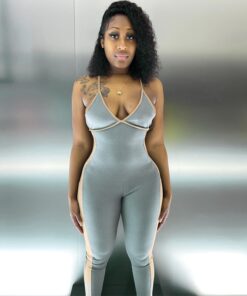 BOOFEENAA V Neck Backless Ribbed Bodycon Rompers Sports Fitness Jumpsuits for Women 2020 Sexy One Piece Outfits C16-CZ31