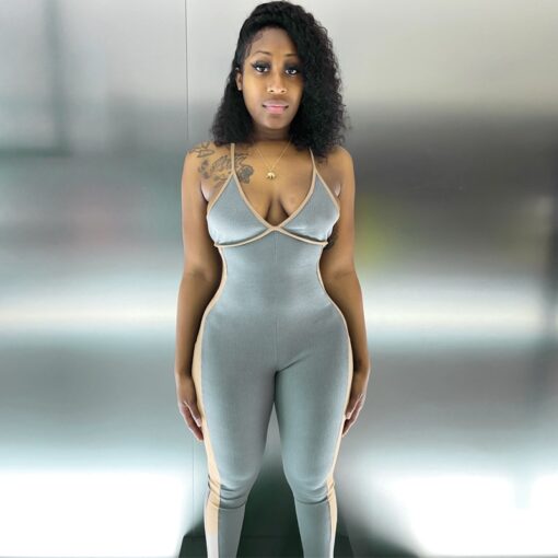 BOOFEENAA V Neck Backless Ribbed Bodycon Rompers Sports Fitness Jumpsuits for Women 2020 Sexy One Piece Outfits C16-CZ31