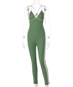 BOOFEENAA V Neck Backless Ribbed Bodycon Rompers Sports Fitness Jumpsuits for Women 2020 Sexy One Piece Outfits C16-CZ31