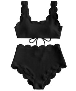 Women Scalloped Textured High Waist Bikini Set Solid Two Pieces Push Up Beach Bathing Suits Swimwear Lace Biquinis Bathing Suits
