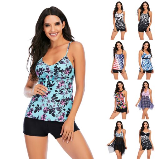 2020 New Women Tankini Swim Skirt With Shorts Floral Printing Two Piece Bathing Suit X-Back Push up SwimwearTop with Short Pant