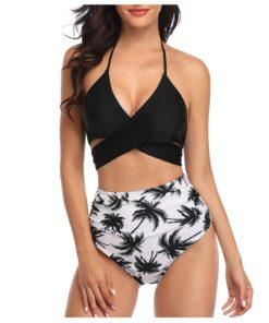 Bikini Women Black Bandage Swimsuit Halter Bandage Wrap Bikini Set Push-Up Ruched High Waist Swimwear Pure color Bikini#G40