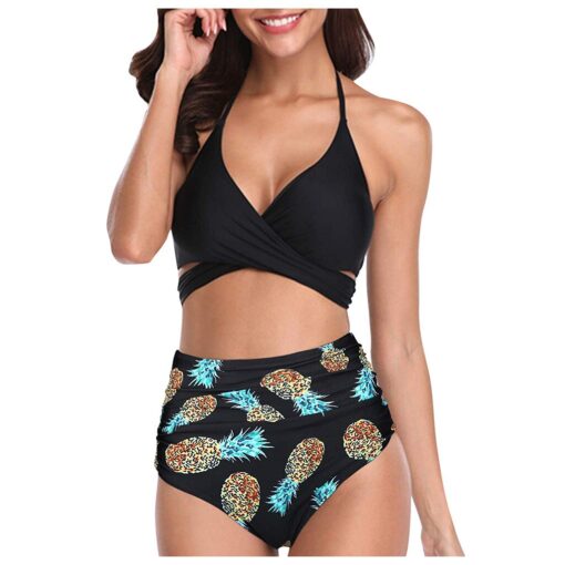 Bikini Women Black Bandage Swimsuit Halter Bandage Wrap Bikini Set Push-Up Ruched High Waist Swimwear Pure color Bikini#G40