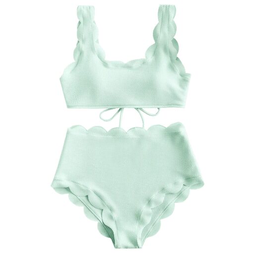 Women Scalloped Textured High Waist Bikini Set Solid Two Pieces Push Up Beach Bathing Suits Swimwear Lace Biquinis Bathing Suits