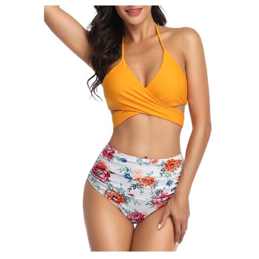 Bikini Women Black Bandage Swimsuit Halter Bandage Wrap Bikini Set Push-Up Ruched High Waist Swimwear Pure color Bikini#G40
