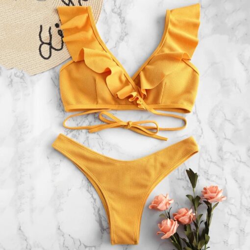 Women Bikini Swimming Set Ruffled Halter High Waist Sexy 2020 Femme Padded Swimwear High Waist Bathing Swimsuit Beachwear#30