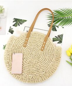 Round Straw Beach Bag Vintage Handmade Woven Shoulder Bag Raffia circle Rattan bags Bohemian Summer Vacation Casual Bags##