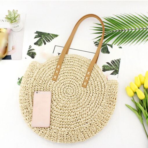 Round Straw Beach Bag Vintage Handmade Woven Shoulder Bag Raffia circle Rattan bags Bohemian Summer Vacation Casual Bags##