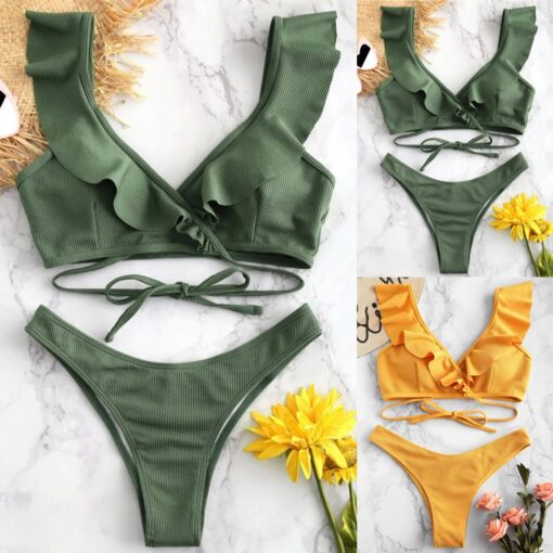 Women Bikini Swimming Set Ruffled Halter High Waist Sexy 2020 Femme Padded Swimwear High Waist Bathing Swimsuit Beachwear#30