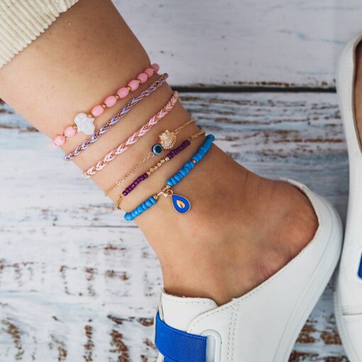 Bohemian Shell Stone Anklets Set for Women Multicolor Braided Beach Wtar Drop Crystal Feet Leg Chain Summer Jewelry Accessories